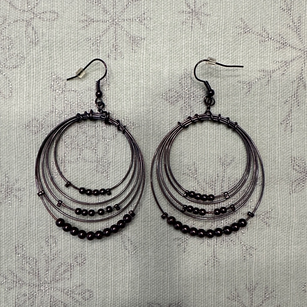 Black Multi-Hoop Beaded Dangle Earrings